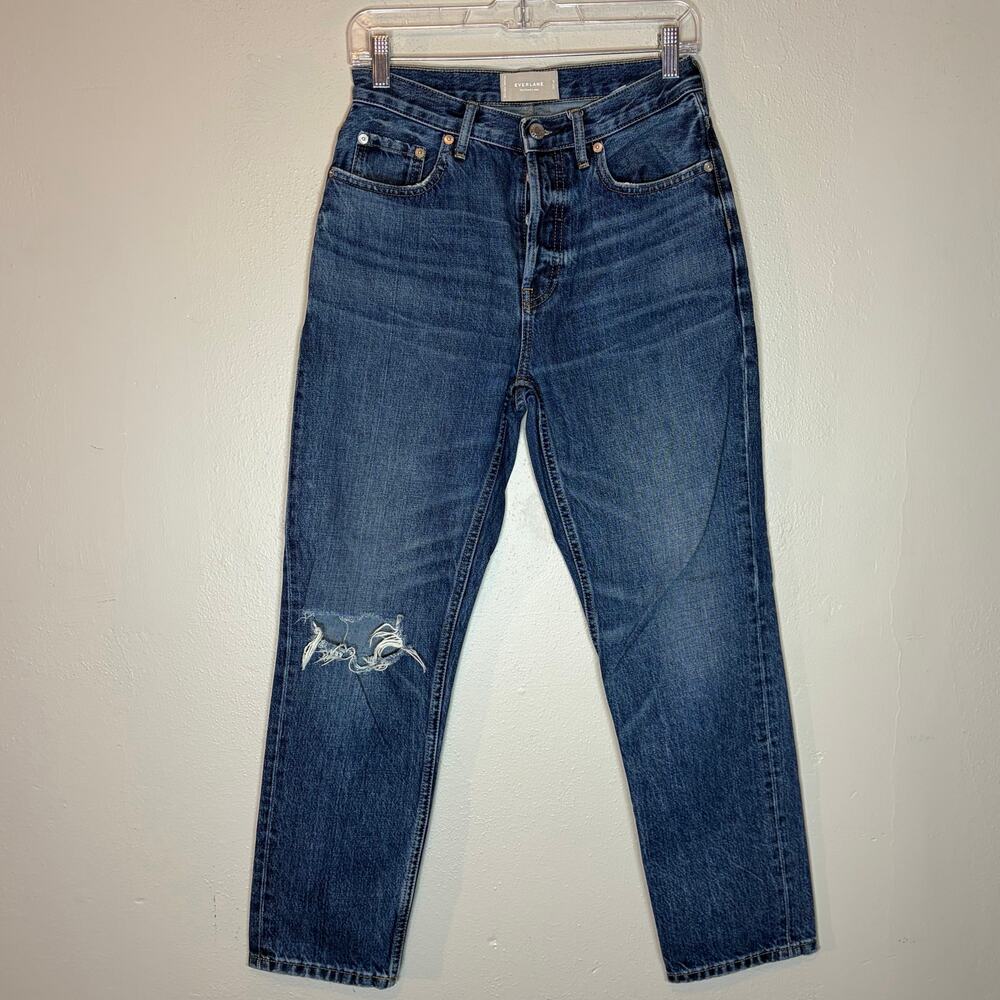 Everlane The Cheeky Jean 26 Crop Blue Distressed High Rise Straight Leg Denim